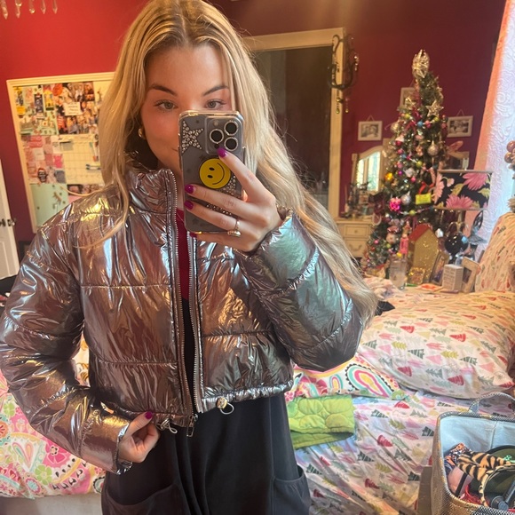 Silver Puffer Jacket | Cropped Puffer Jacket | Gunmetal Puffer Jacket - Picture 3 of 4